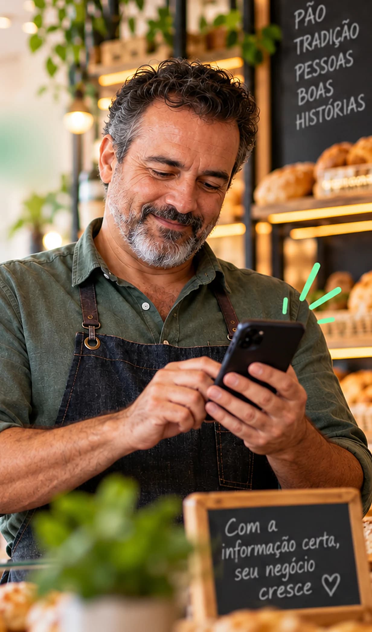 Dono de padaria sorrindo enquanto lê uma mensagem no celular