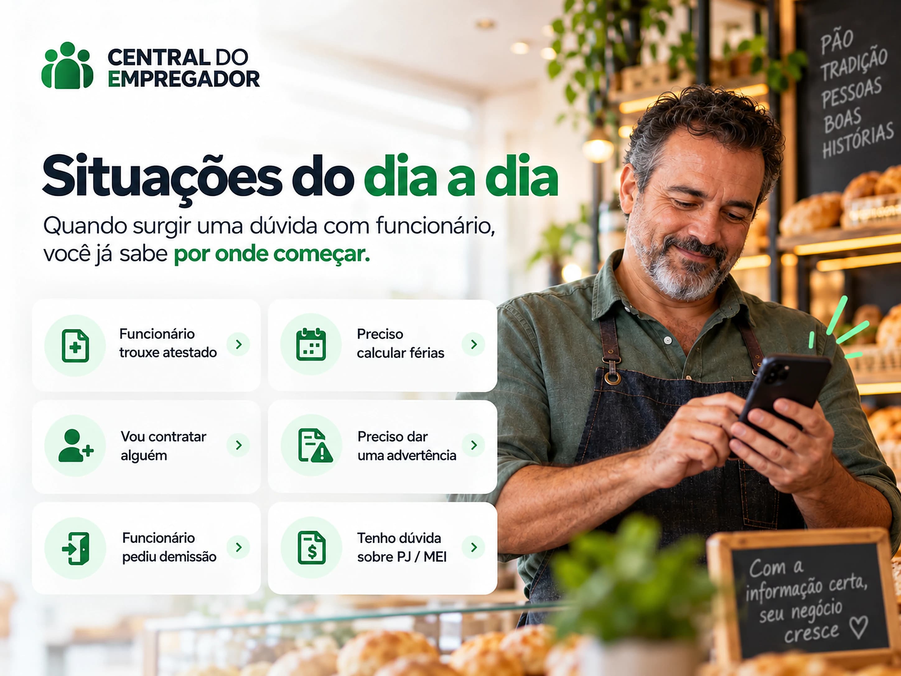 Situações do dia a dia: funcionário trouxe atestado, preciso calcular férias, vou contratar alguém, preciso dar uma advertência, funcionário pediu demissão, tenho dúvida sobre PJ ou MEI.